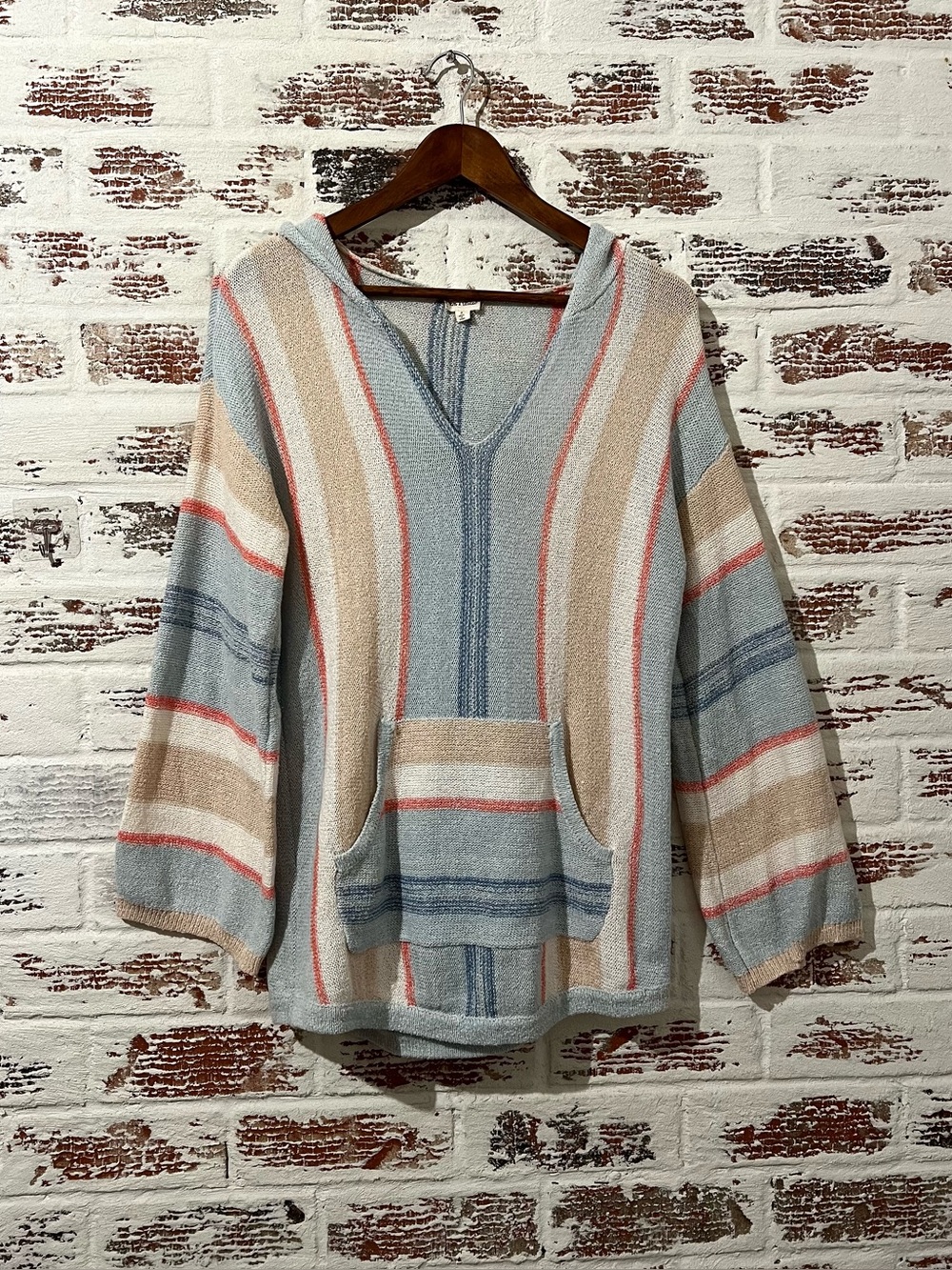 Hem & Thread Striped Knit Hoodie Sweater S Coastal Boho Baja Pullover